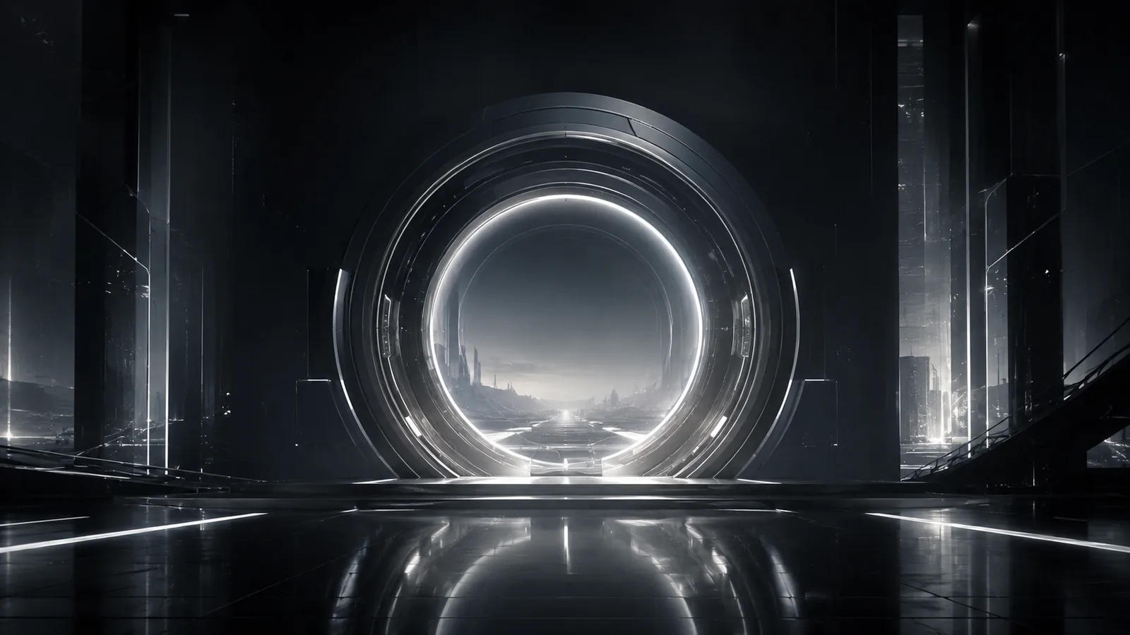 Portal luminoso em uma câmara futurista, símbolo da entrada em uma nova era