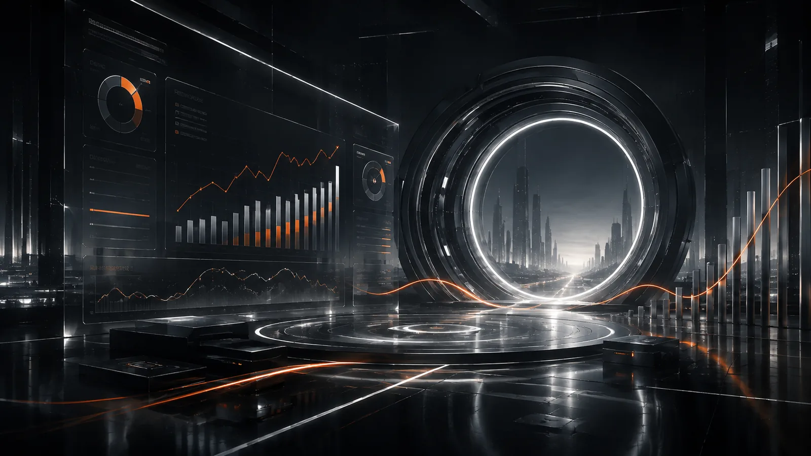 Centro de comando futurista com dados holográficos de performance de mídia